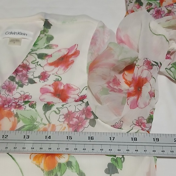 Calvin Klein Floral Dress Ruffle Sleeve V Neck Sheer White Pink‎ Orange S - Picture 7 of 9